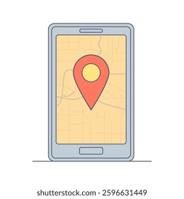 Geo Pin Marker on smartphone display. Mobile device showing a map on the screen. GPS, Destination, Journey, Map Navigation, Location, Route Direction, pointer icon concept. Flat outline illustration