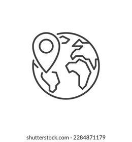 Geo Pin on Earth Planet vector concept icon or symbol in outline style