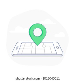 Geo Pin Tag on mobile phone display. Smartphone with map on screen. GPS, Destination, Traveling, Map Navigation, Location, Road Direction and pointer marker icon concept. Flat outline sign.