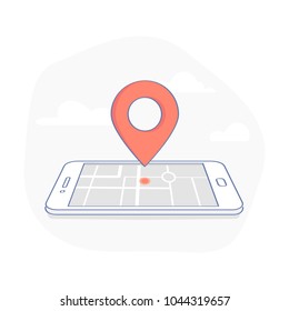Geo Pin Tag On Mobile Phone Display. Smartphone With Map On Screen. GPS, Destination, Traveling, Map Navigation, Location, Road Direction And Pointer Marker Icon Concept. Flat Outline Sign.