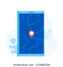 Geo Pin Tag on mobile phone display. Smartphone with map on screen. GPS, Destination, Traveling, Map Navigation, Location. Modern flat style vector illustration.