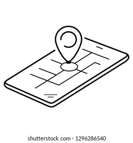 Geo pin tag on smart phone display. Vector outline icon isolated on white background.