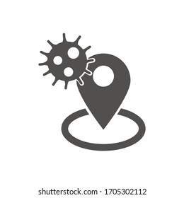 Geo position icon with the image of a virus molecule. Geolocation. Simple vector icon.