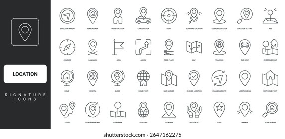 Geo position of target, route of journey, compass, pointer thin black outline symbol vector illustration. Location on map for destination and home address, distance path, GPS pin line icon set.