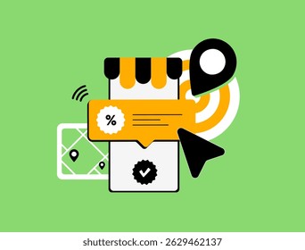 Geo push notifications concept with mobile device alert, location-based notifications, geolocation marketing, location targeting, proximity marketing push notification strategy, vector illustration