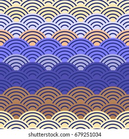 Geo seamless pattern abstract scales simple Nature with japanese wave circle, background trendy Textile print, web page fill. Gradient sea wave Beige brown yellow orange purple violet colors. Vector 