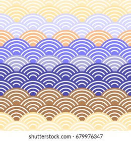 Geo seamless pattern abstract scales simple Nature with japanese wave circle, background trendy Textile print, web page fill. Gradient sea wave Beige brown yellow orange purple violet colors. Vector 