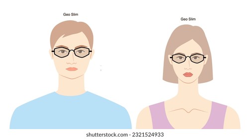 Geo slim frame glasses on women and men flat character fashion accessory illustration. Sunglass front view unisex silhouette style, rim spectacles eyeglasses, sketch style outline isolated on white