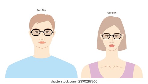 Geo Slim frame glasses on women and men flat character fashion accessory illustration. Sunglass front view unisex silhouette style, spectacles eyeglasses, lens sketch style outline isolated on white