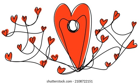 Geo stamp in the shape of a heart in one line with a red silhouette. The concept of finding love, dating apps, matching love interests. Vector element for the design of postcards for Valentine's Day.