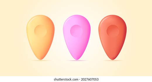 Geo tag 3d render icon, soft plastic illustration in three colors