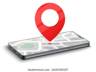Geo tag on smartphone screen. Location icon at GPS map. Realistic phone. Application display. Geolocation service. Roadmap mark. Travel direction. 3D mobile navigation. Destination pin. Vector concept
