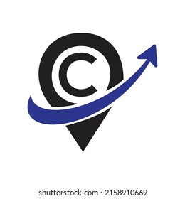 Vector de contorno de etiqueta geográfica. Ilustración del logotipo C para el concepto móvil y el diseño web, con flecha .
