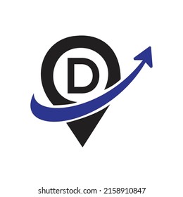 Geo tag outline vector. D  latter logo illustration for mobile concept and web design, with arrow .
