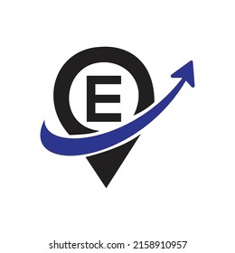 Vector de contorno de etiqueta geográfica. Ilustración del logotipo E para el concepto móvil y el diseño web, con flecha .
