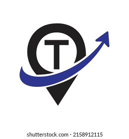 Vector de contorno de etiqueta geográfica. Ilustración del logotipo T para el concepto móvil y el diseño web, con flecha .
