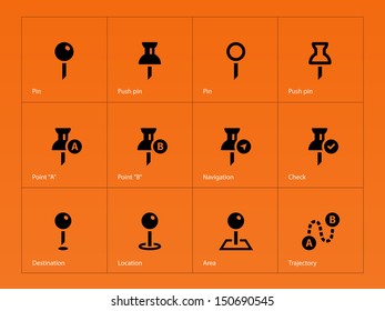 Geo Tag Pin icons on orange background. Vector illustration.