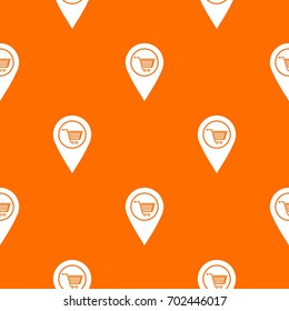 Geo tag with shopping cart symbol pattern repeat seamless in orange color for any design. Vector geometric illustration