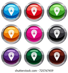 Geo tag with tram sign set icon isolated on white. 9 icon collection vector illustration