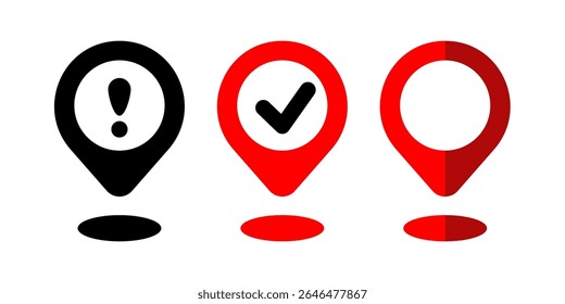 Ícone do vetor da marca geográfica. Marcador de geotag vermelho e preto, símbolo de posição de lugar, sinal de ponteiro gps, ilustração plana de destino, ícone de viagem de posição geográfica