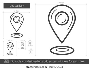 Geo tag vector line icon isolated on white background. Geo tag line icon for infographic, website or app. Scalable icon designed on a grid system.