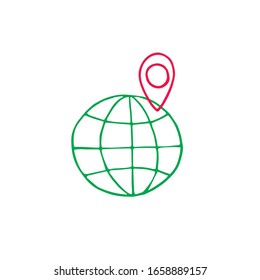 geo tagging illustration in doodle style in vector. earth and geo tag vector icon.