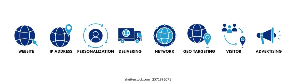 Geo targeting banner web icon vector illustration concept with icon of website, IP address, personalization, delivering, network, geo targeting, visitor, advertising