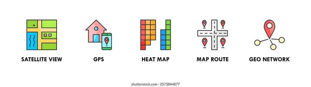 Geo Targeting banner web icon illustration concept with icon of satellite view, gps, heat map, map route, and geo network
