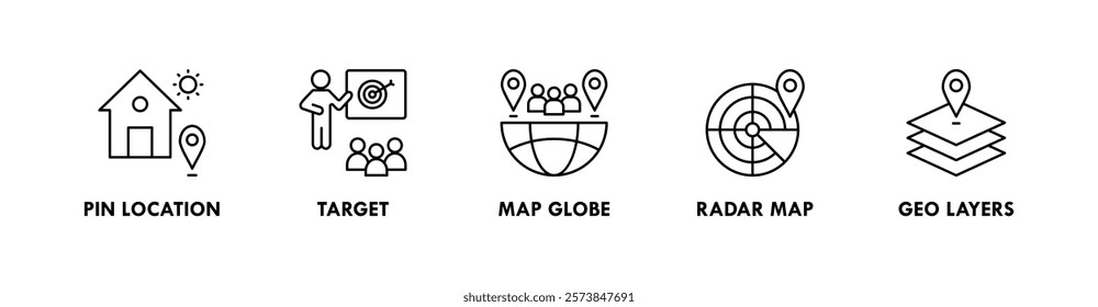 Geo Targeting banner web icon illustration concept with icon of pin location, target, map globe, radar map, and geo layers