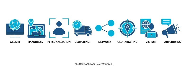Geo targeting banner web icon vector illustration concept with icon of website, ip address, personalization, delivering, network, geo targeting, visistor, advertising