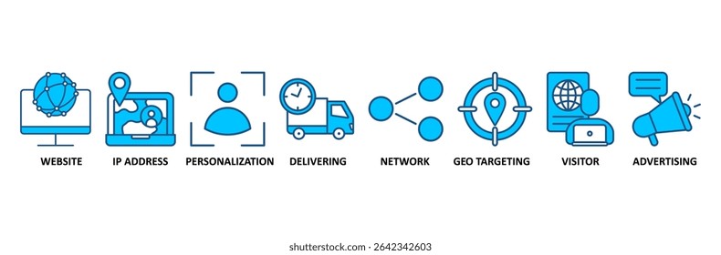 Geo segmentação banner web icon vetor ilustração conceito com ícone de site, endereço ip, personalização, entrega, rede, geo segmentação, visitante, publicidade