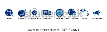 Geo targeting banner web icon vector illustration concept with icon of website, IP address, personalization, delivering, network, geo targeting, visitor, advertising