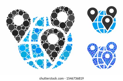 Geo targeting composition of filled circles in various sizes and color hues, based on geo targeting icon. Vector small circles are grouped into blue composition.