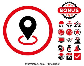 Geo Targeting icon with bonus images. Vector illustration style is flat iconic bicolor symbols, intensive red and black colors, white background.