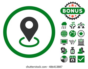Geo Targeting icon with bonus pictogram. Vector illustration style is flat iconic bicolor symbols, green and gray colors, white background.