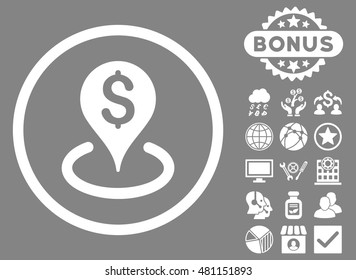 Geo Targeting icon with bonus. Vector illustration style is flat iconic symbols, white color, gray background.