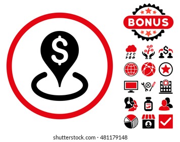 Geo Targeting icon with bonus. Vector illustration style is flat iconic bicolor symbols, intensive red and black colors, white background.