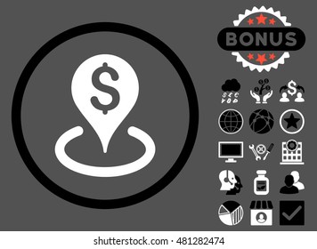 Geo Targeting icon with bonus. Vector illustration style is flat iconic bicolor symbols, black and white colors, gray background.