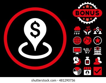 Geo Targeting icon with bonus. Vector illustration style is flat iconic bicolor symbols, red and white colors, black background.