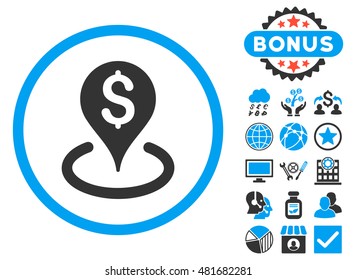 Geo Targeting icon with bonus. Vector illustration style is flat iconic bicolor symbols, blue and gray colors, white background.