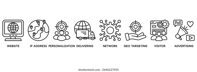 Geo targeting icon set vector illustration concept relate to website, ip address, personalization, delivering, network, geo targeting, visistor, advertising