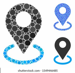 Geo targeting mosaic of small circles in variable sizes and color tinges, based on geo targeting icon. Vector small circles are united into blue composition.