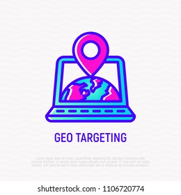 GEO targeting thin line icon: opened laptop with Earth and pointer on her. Modern vector illustration.