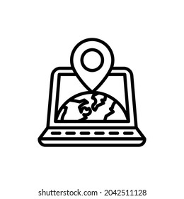 GEO targeting thin line icon, openlaptop with Earth and pointer on her. Modern vector illustration.