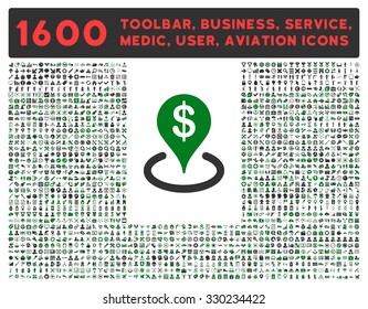 Geo Targeting vector icon and 1600 other business, service tools, medical care, software toolbar, web interface pictograms. Style is bicolor flat symbols, green and gray colors, rounded angles, white
