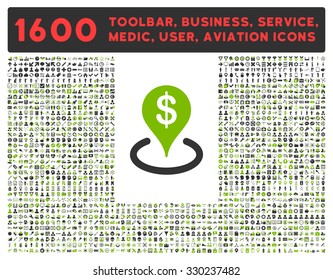 Geo Targeting vector icon and 1600 other business, service tools, medical care, software toolbar, web interface pictograms. Style is bicolor flat symbols, eco green and gray colors, rounded angles