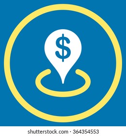Geo Targeting vector icon. Style is bicolor flat circled symbol, yellow and white colors, rounded angles, blue background.