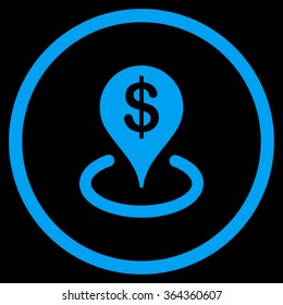 Geo Targeting vector icon. Style is flat circled symbol, blue color, rounded angles, black background.