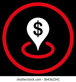 Geo Targeting vector icon. Style is bicolor flat circled symbol, red and white colors, rounded angles, black background.
