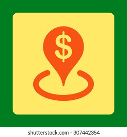 Geo Targeting vector icon. This flat rounded square button uses orange and yellow colors and isolated on a green background.